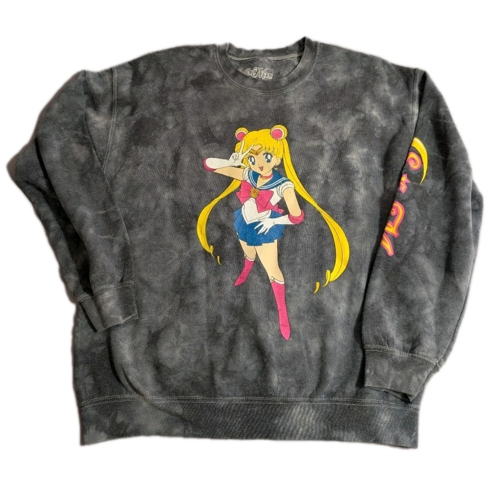 Sailor Moon Acid Wash Crewneck Sweatshirt Anime Graphic Pullover Gray Size...